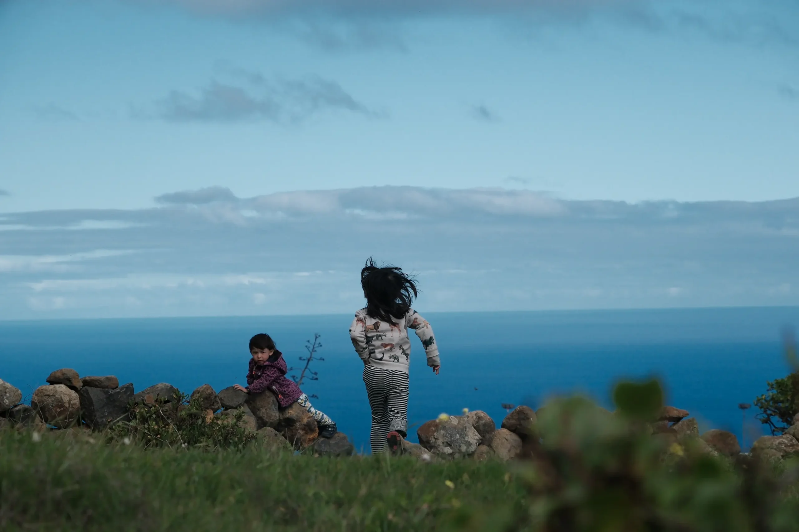 Zwei Kinder erkunden einen grasbewachsenen Hang mit Blick auf das Meer.